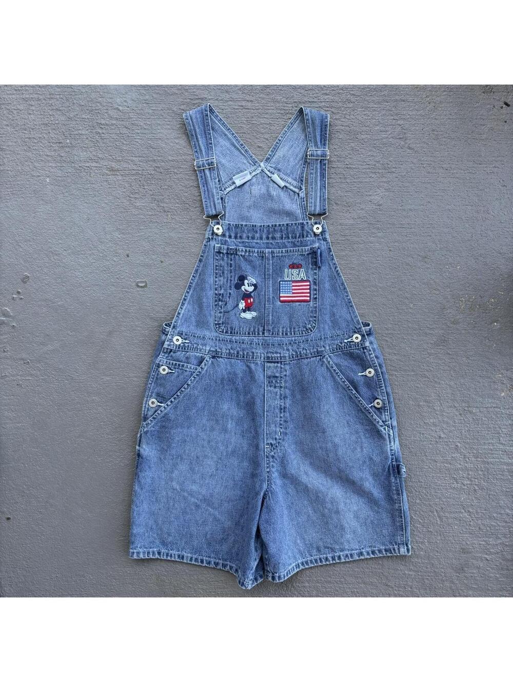Disney Mickey Mouse USA American flag denim overalls shortalls medium